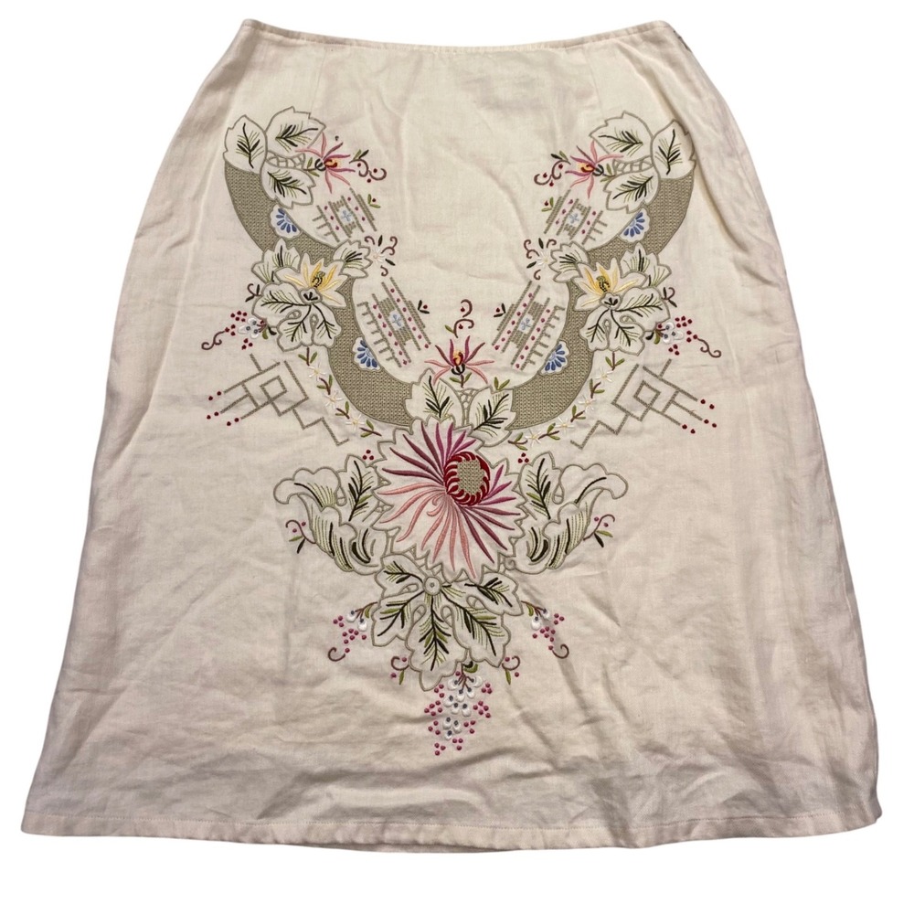Liz Claiborne Skirt Womens 8 Cream Linen Embroidered Floral Midi REMU1095